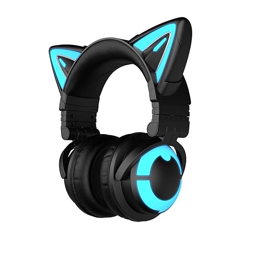 YOWU RGB Cat Ear Headphone 3G Wireless 5.0 Foldable Gaming Headset with 7.1 Surround Sound, Built-in Mic & Customizable Lighting and Effect via APP, Type-C Charging Audio Cable -Black - Black