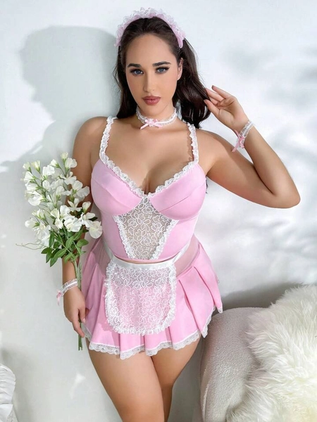 Plus Contrast Lace Maid Costume With 1pair Hand Ring & Choker