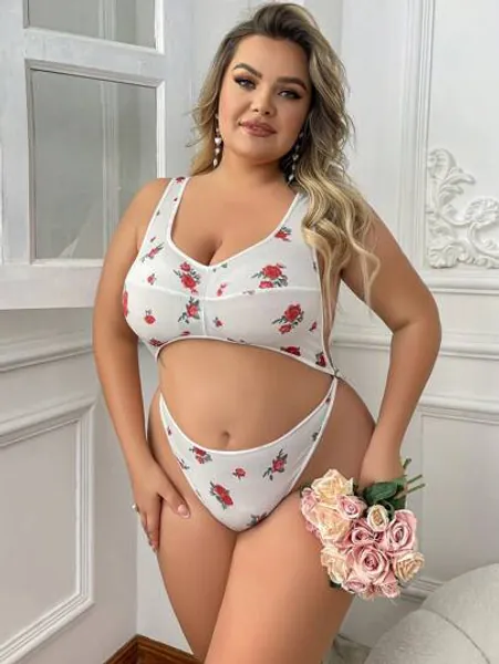 Classic Sexy Plus Size Women's Sexy Floral Print Bodysuit (Single Piece) For Weddings Season