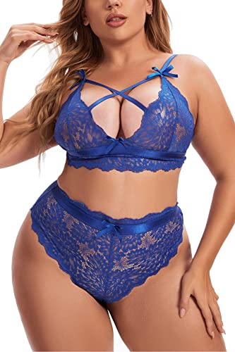 Aranmei Plus Size Lingerie for Women Lace Bra and Panties Set Sexy Bralette Set - 3XL - Royal Blue