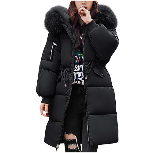 HOOUDO Women's Down Jacket Winter Mid lenght Puffer Coats Ladies Lightweight Waterproof Jackets with Faux Fur Hood Plus Size Slim Trench Coat Long Sleeve Warm Outwear Outdoor Hiking Parka - Black - M