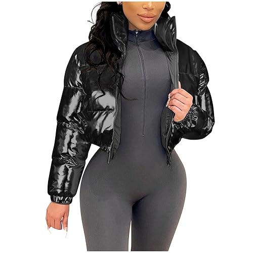 NSICBMNO Womens Winter Coats Cropped Puffer Jacket Metallic Jacket Padded Coats Zip Up Jacket Open Front Cardigans Sport Jacket Lightweight Puffer Jacket Casual Jackets Warm Coats Outwear - 01#Black - M