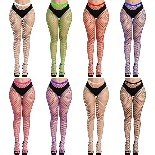 CHRORINE 8 Pcs Fishnet Stockings High Waist Tights 8 Color Fishnet Tights for Wome
