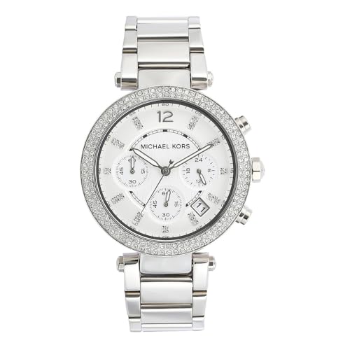 Michael Kors Parker Watch für Damen, Chronographenwerk mit Edelstahl- oder Lederarmband,39MM,Roségoldton und Off-white - 33 mm - Silber