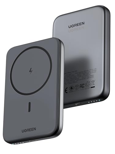 UGREEN Nexode Wireless Power Bank 5000mAh Magnetische Powerbank klein mit USB-C Schnellladefunktion, Kabellose externer Akku MagSafe kompatibel mit iPhone 15 Pro Max/Pro/15/14 Pro Max/13 Pro (Schwarz) - Schwarz