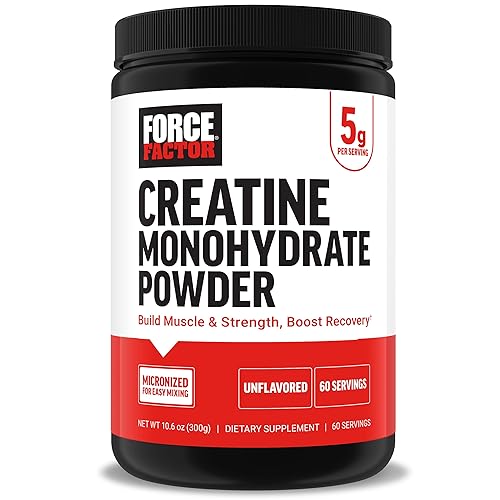 FORCE FACTOR Creatine Monohydrate, Creatine Powder for Muscle Gain, More Strength, and Faster Workout Recovery, Clinically Studied Micronized Creatine 5g Dose Per Serving, Unflavored, 60 Servings - 60 Servings (Pack of 1)