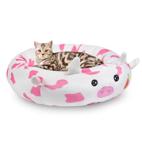 26" Strawberry Cow Pet Bed, Calming Dog & Cat Plush Bed, Fulffy Comfy Padded Cat Mat Plush Pet Bed, Non-Slip Bottom, Soft Washable Sleeping Dog Cot for Medium Small Dogs Cat Puppy Kitty - Strawberry Cow Bed