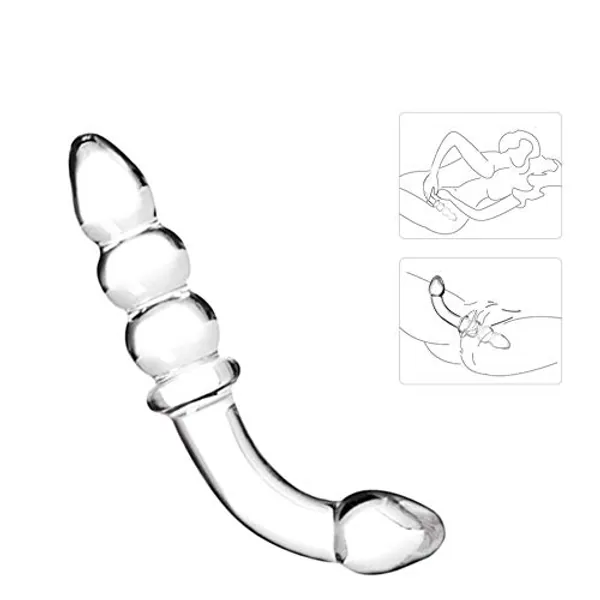 Anal Beads, Glass Bent Pleasure Wand Double-Ended Butt Plug G-spot Stimulation Dildo for Men Women (Clear)