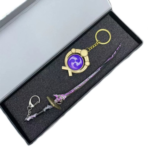 WRVCSS FüR Genshin Impact-Schwertmodell + SchlüSselanhäNger Mit Auge Des GöTtlichen Elements, Raiden Shogun-SchlüSselring Aus Zinklegierung, 2 StüCk / Set, GrößE: 22 Cm, Schwarz, S