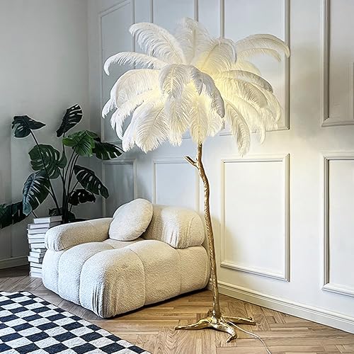 JAYMP Ostrich Feather Floor Lamp for Living Room Sofa Bedside Standing Reading Lamp Elegant Romantic Beautiful (Height 78.7 inches/ 45 Feathers, White) - White - Height 78.7 inches/ 45 feathers