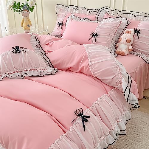 IHOUSTRIY Kid's Duvet Cover Twin Size, Ruffle Beddding Set with Bowtie, 2 Pieces Comforter Cover Set with Zipper Closure, Girl Bedding with Pillowcase - Pink, Twin - Light Pink - Twin