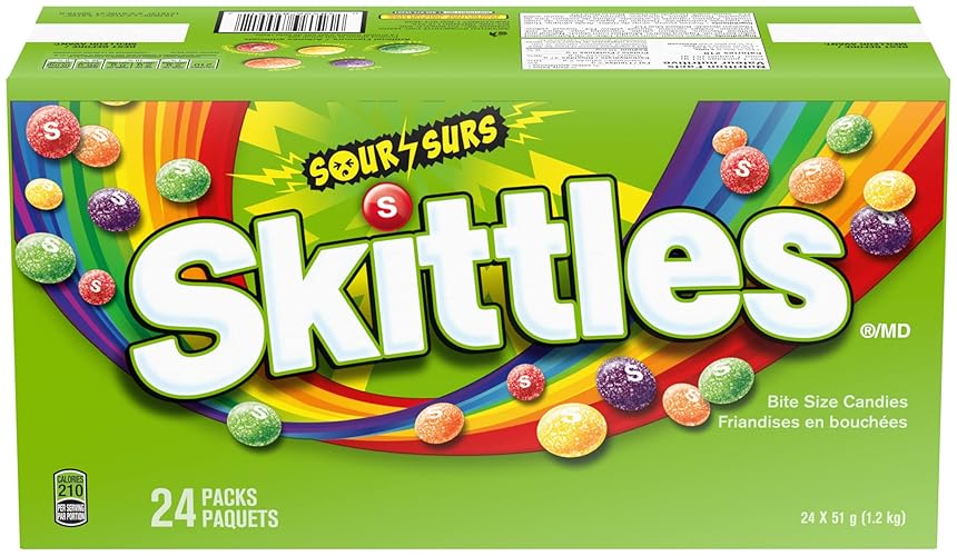 SKITTLES, Sour Chewy Candy, Full Size Bag, 51g per Pack, 24 Count - Sour