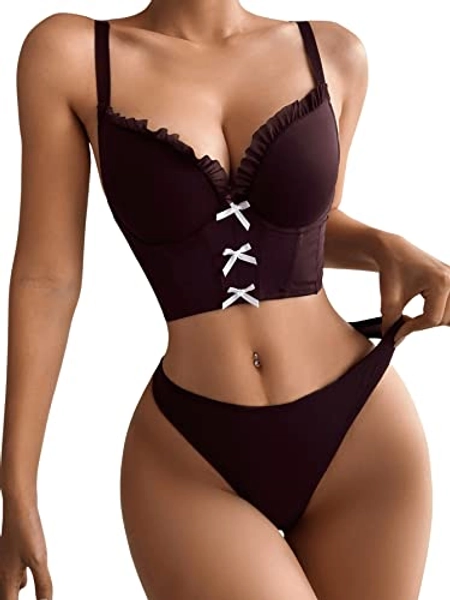 SweatyRocks Women's 2 Piece Lingerie Lace Trim Underwire Push Up Bra and Panty Set