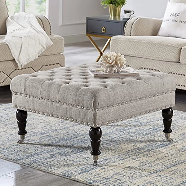 24KF Large Square Upholstered Tufted Button Linen Ottoman Coffee Table, Large Footrest Bench with Casters Rolling Wheels-Linen