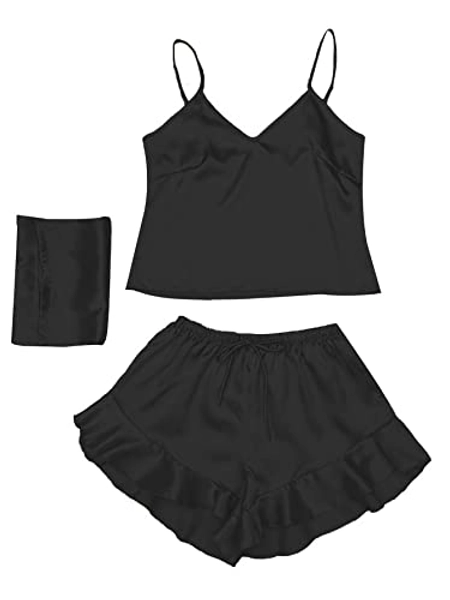 LYANER Women's Satin V Neck Sleeveless Cami Top and Ruffle Hem Shorts Pajamas Set