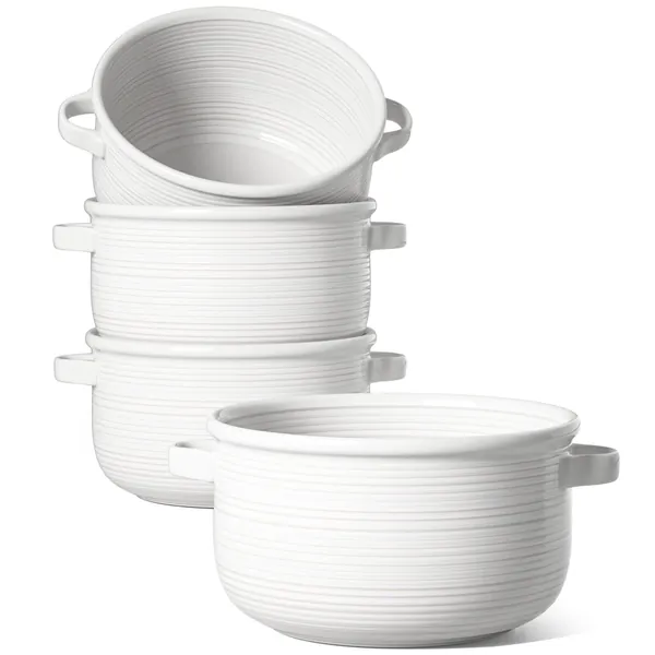LE TAUCI Soup Bowls With Handles, 28 Ounce for Soup, chili, beef stew, Set of 4, White - White 28 OZ
