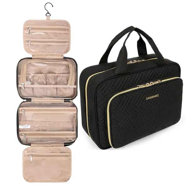 BAGSMART Toiletry Bag Hanging Travel Organizer with TSA Approved Transparent Cosmetic Bag and Detachable Makeup Pouch For Full Sized Toiletries, Medium-Black - Black Medium