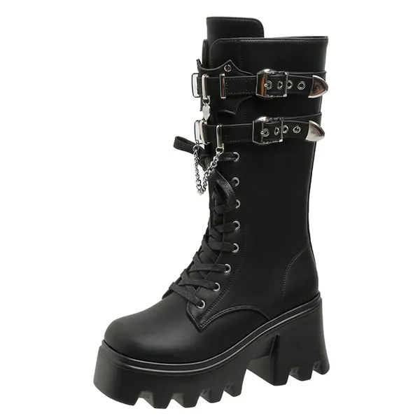 LeaHy Kvinnor Stövletter Höst Vinter PU Goth Punk Plattformar Kil Snör upp Stövletter - 37 EU