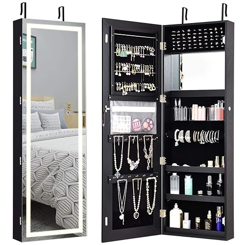 Giantex Jewelry Cabinet Armoire Door Wall Mount, 47.2in Lockable Touch Screen Lighted Full Length Mirror, 3 Lighting Settings, Inside Makeup Mirror, Jewelry Storage Box Organizer (Black) - LED Mirror - Black