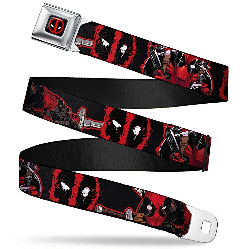 Buckle-Down Seatbelt Belt - Deadpool 2-Action Poses/Splatter Logo Black/Red/White - 1.0" Wide - 20-36 Inches in Length - 1.0" Wide - 20-36 Inches in Length