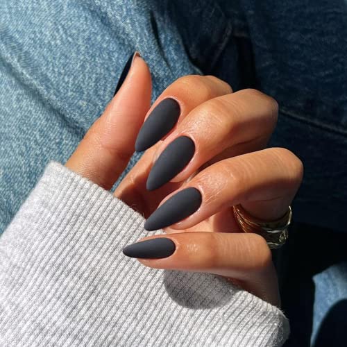 Black Press on Nails Medium Stiletto Almond,KQueenest Matte Pure Color Acrylic Nails Kit Reusable Fake Nails with Feature Protective UV Coating for Women Nail Art Manicure in 24PCS - Matte Black