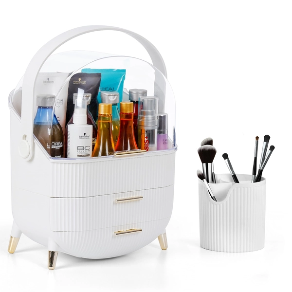 Winter Shore Witte Make-up Opslag Organizer met Kwasten Pot - 3-Laags Plastic Lade Doos met Roterend Handvat, Doorzichtig Deksel - Waterdicht, Stofdicht Cosmetisch & Skincare Display Kast voor Reizen