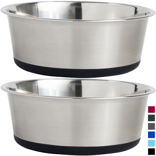 Gorilla Grip Stainless Steel Metal Dog Bowl Set of 2, Rubber Base, Heavy Duty, Rust Resistant, Food Grade BPA Free, Less Sliding, Quiet Pet Bowls for Cats and Dogs, Holds 4 Cups (32 fl oz), Black - 4 Cup - Black