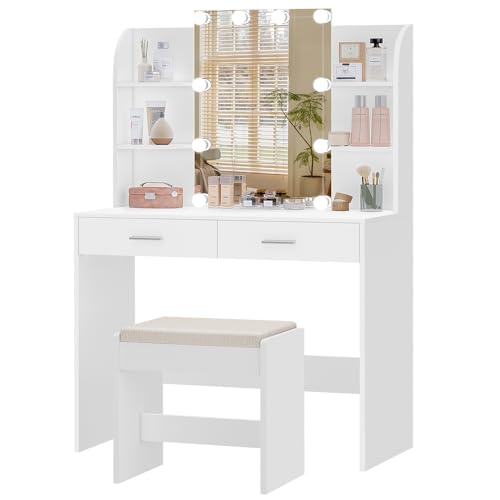 usikey Vanity Desk with Mirror & Lights, Makeup Vanity Table with 2 Large Drawers, 6 Storage Shelves & Stool, Bedroom Dressing Vanity Table with 3 Color Light Adjustable, White - 31.5"W Vanity Desk - White