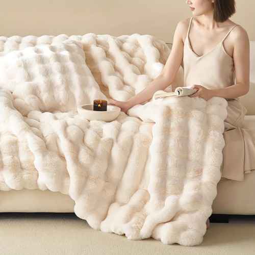 1pc Rabbit Fleece Blanket, Solid Color Blanket, Soft Warm Throw Blanket Nap Blanket For Couch Sofa Office Bed Camping Travel, Multi-purpose Gift Blank