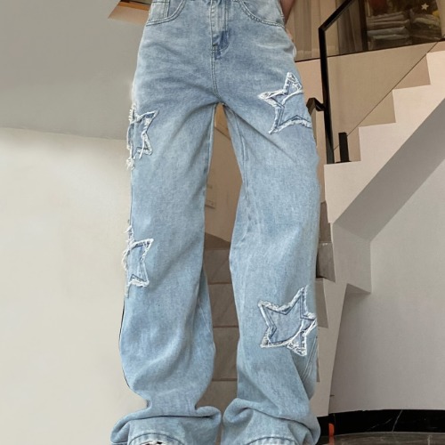 Blue Star Shape Patchwork Straight Jeans, Loose Fit Slant Pockets Non-Stretch Denim Pants, Women&#39;s Denim Jeans &amp; Clothing