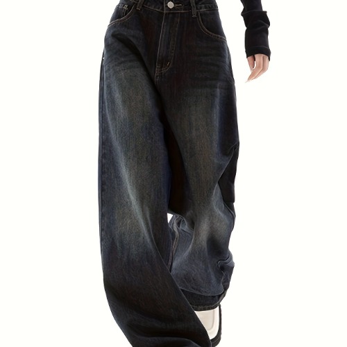 Blue Elastic Waist Baggy Jeans, Loose Fit Slant Pockets Boyfriend Wide Legs Jeans, Women&#39;s Denim Jeans &amp; Clothing