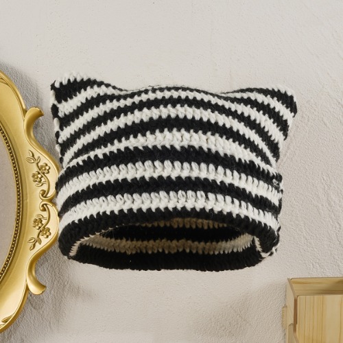 Women Cat Ear Beanie Hat Striped Crochet Animal Unisex Headwear Christmas Gifts Birthday Gifts For Her Valentines Gifts