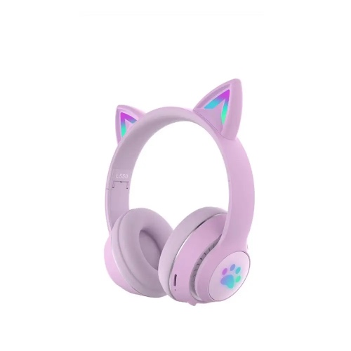 Kawaii Cat Ear Headset with Light-Up Paw Print Design - Purple with box