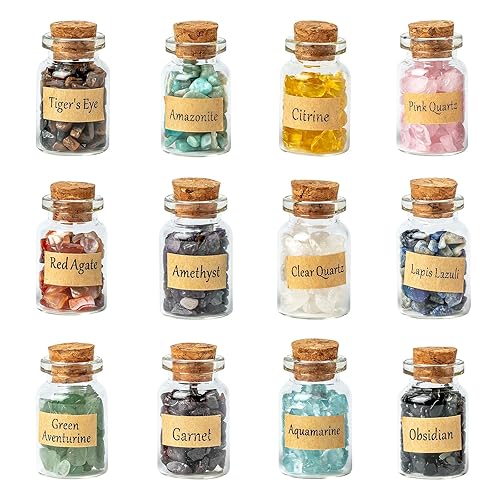 KHOCOEE 12 Different Gemstone Bottles Chip Crystals and Healing Stone, Chakra Healing Crystals Bottles, Wicca Gem Stones Set, Witchcraft Crystals - 1 Set