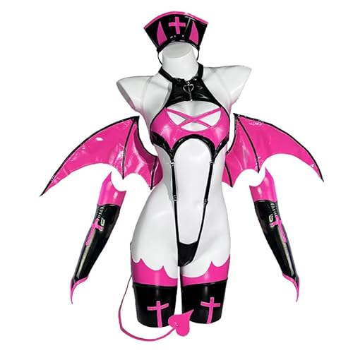 KORURACLUB Love-heart succubus costume（7-Piece Set） Pink premium pu cosplay lingerie Pink wing Love-heart succubus lingerie - Small