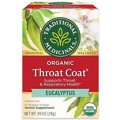 Traditional Medicinals Tea, Organic Throat Coat Eucalyptus, Throat and Respiratory Support, 16 Tea Bags - 16 Count (Pack of 1)
