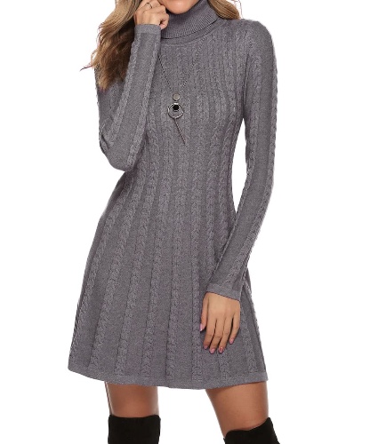 Gyabnw Knitted Dress for Women Cable Twist Jumper Dress Long Sleeve Round Neck A-line Sweater Dress Knitwear Pullover - Grey / Turtleneck - S