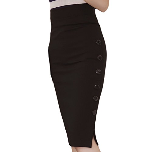 TEERFU Womens Slim Pencil Skirt Bodycon Stretch High Wiast Knee Length Elasticated Skirt - 6-8 - Black
