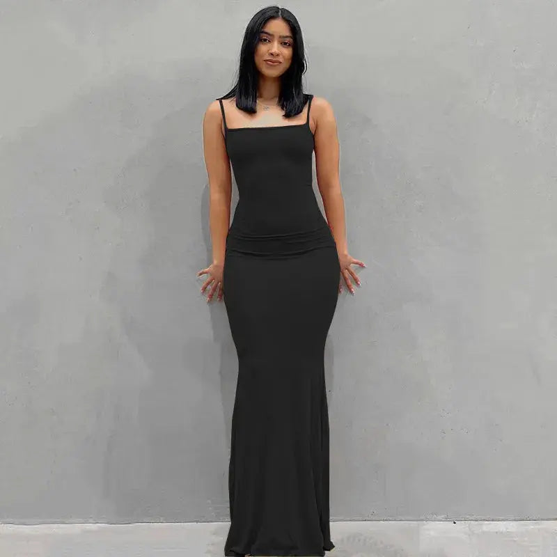 Satin Backless Bodycon Long Dress Y2K - Black / XS