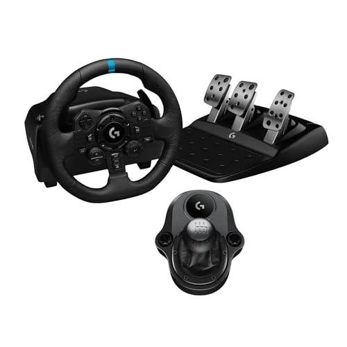 Logitech G G923 Racing Wheel und Pedale, TRUEFORCE Force Feedback + Logitech G Driving Force Schalthebel – Echtleder, für PS5, PS4, PC, Mac – Schwarz - G923 TRUEFORCE + Shifter - PlayStation | PC