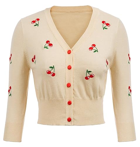 Belle Poque Women's 3/4 Sleeve V-Neck Button Down Cherries Embroidery Cropped Cardigan Sweater Coat - Apricot - Large