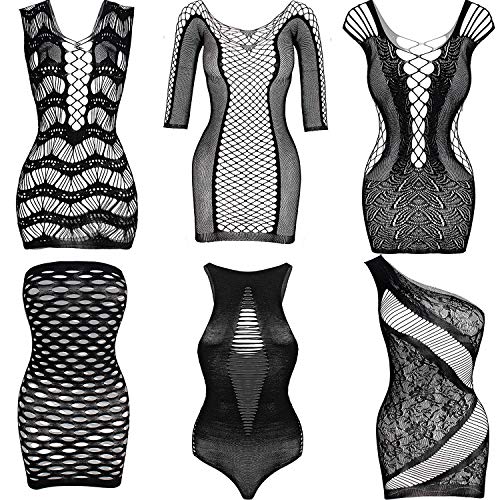 SATINIOR 6 Pieces Women Mesh Lingerie Fishnet Babydoll Mini Dress Mesh Bodysuit Sleepwear - Black