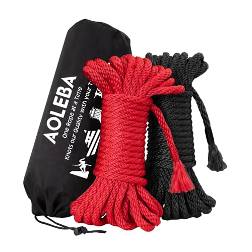 AOLEBA Skin Friendly 8mm Soft Silk Rope, Rope for Knot Tying Practice Beginners, Multiple Strands Braided Polypropylene Rope, Set of Two 32 Ft Ropes with Storage Dust Bag (Black and Red) - Black&Red - 32FT