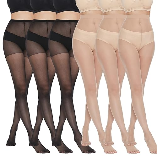 MANZI 6 Pairs Pantyhose for Women 20 Denier High Waist Sheer Tights - Medium - 3*black,3*nude
