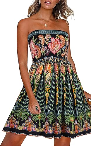 CHICGAL Summer Dresses for Women Beach Cover Ups Strapless Boho Floral Print Sundress - Medium - Boho Green Tree