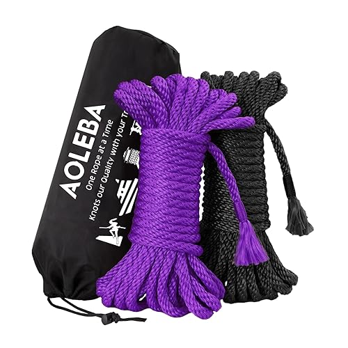 AOLEBA Skin Friendly 8mm Soft Silk Rope, Rope for Knot Tying Practice Beginners, Multiple Strands Braided Polypropylene Rope, Set of Two 32 Ft Ropes with Storage Dust Bag (Black and Purple) - Black&Purple - 32FT