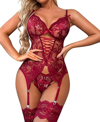 Donnalla Women Sexy Lingerie Set with Garter Belt Lace Bodysuit Teddy with Panty - Large - Wine Red