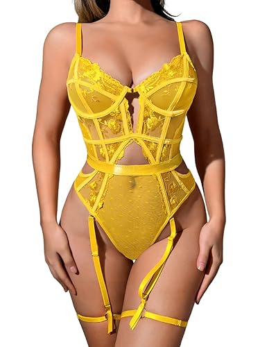 Kaei&Shi Floral Embroidered, Underwire, Removable Garter, Thigh Straps, Backless Bodysuit - Yellow - 10