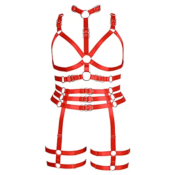 Plus size Plump Garter belt set Full body harness for women Lingerie cage Punk Large size Festival rave Gothic bra Halloween (Red)