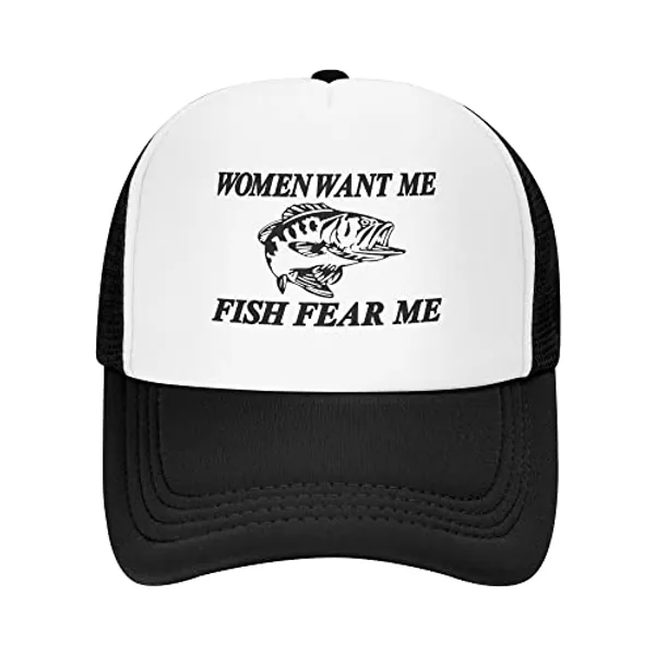 Women Want Me Fish Fear Me Trucker Hat Summer Mesh Cap Trucker Baseball Cap for Men Women - One Size - Black